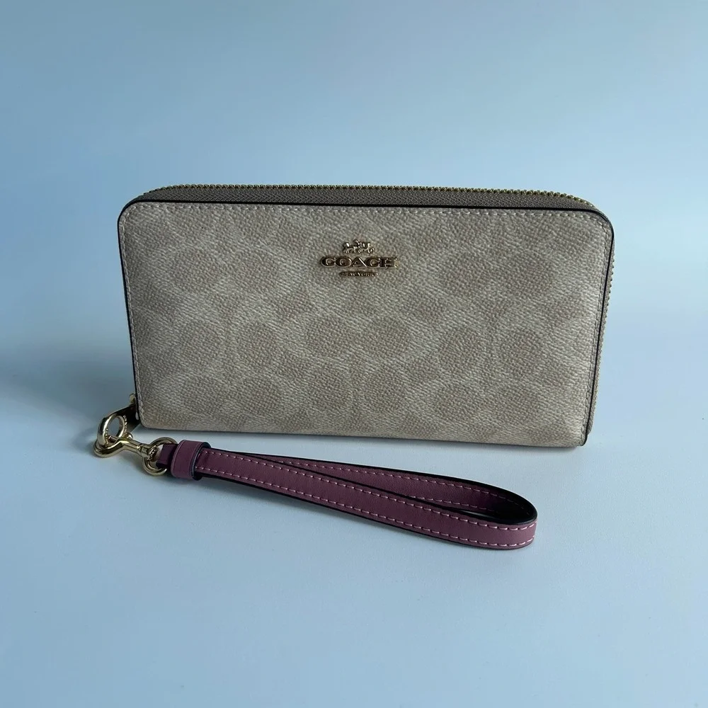 Coach Long Zip Around Wallet Khaki Berry Signature Canvas C4452